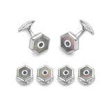 Sterling Silver Hexagonal Grey Mother-Of-Pearl And Sapphire Dress Set