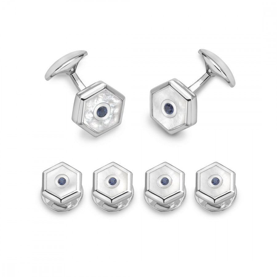 Sterling Silver Hexagonal Dress Stud Set - Mother-of-Pearl & Sapphire Sterling Silver Hexagonal Dress Stud Set - Mother-of-Pearl & Sapphire