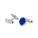 18ct White Gold Round Blue Enamel Cufflinks with Diamond Border and Blue Sapphire Ends