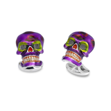 Sterling Silver Purple and Green 'Day of The Dead' Skull Cufflinks