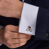 Sterling Silver Bike and Rider Cufflinks with Blue and Red Enamel Detailing