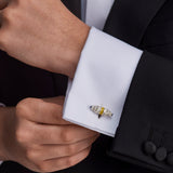 Sterling Silver Fancy Bar Cufflinks With Yellow Enamel Centre And Sapphire Ends.