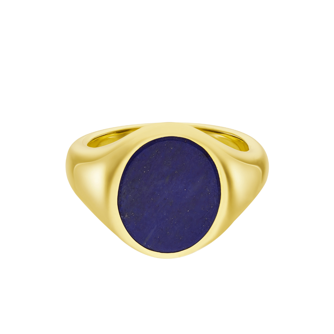 A yellow gold signet ring with a large blue lapis lazuli stone set on top.