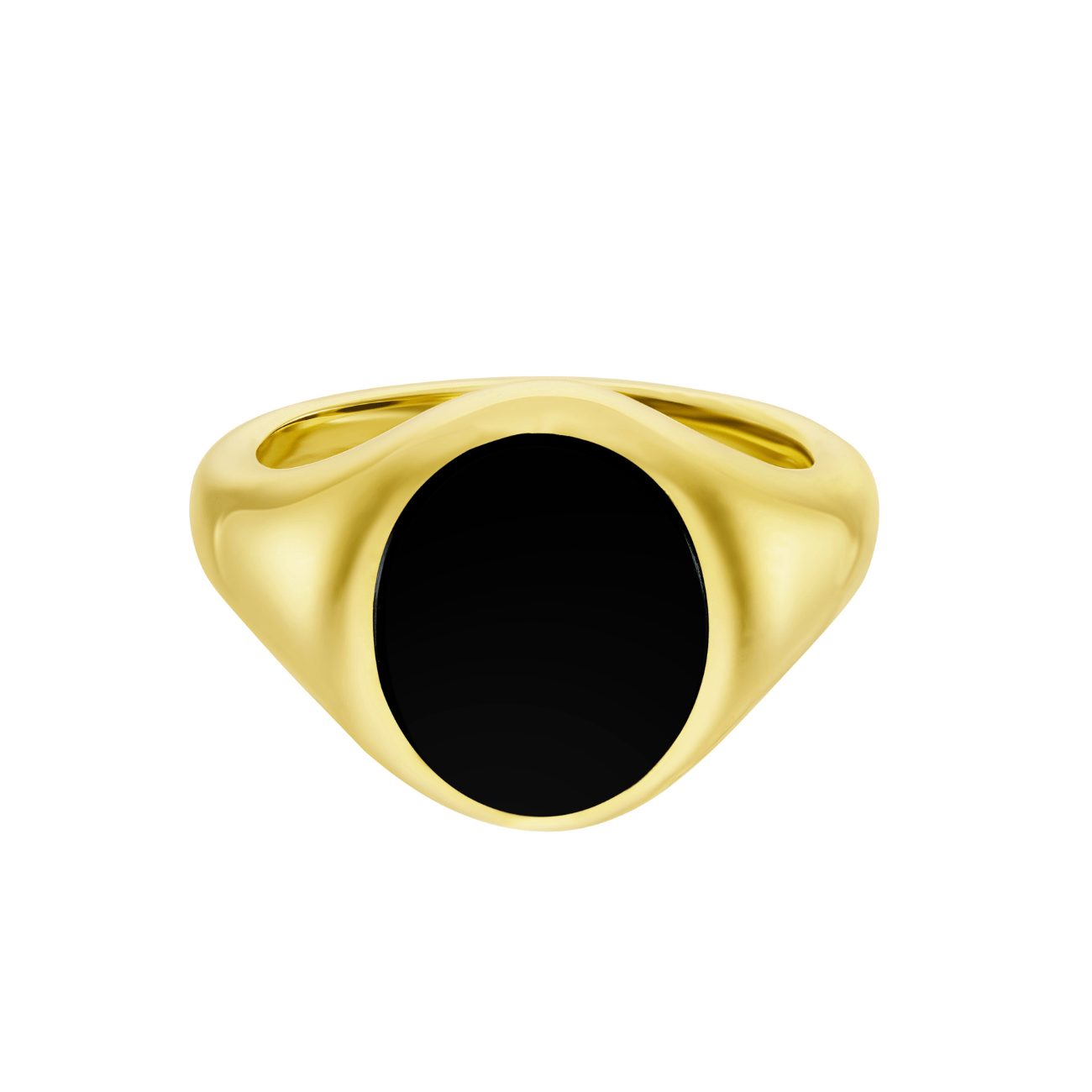 A yellow gold signet ring with a black onyx stone set on top.