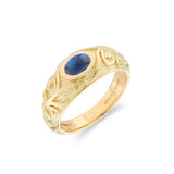 18ct Yellow Gold Gypsy Ring with Cabochon Sapphire and Scrolling Sides
