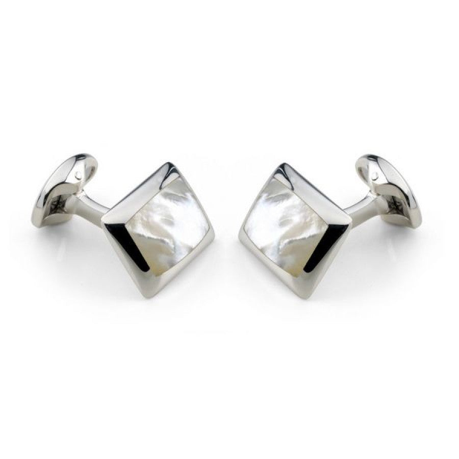 Deakin & Francis Sterling Silver Oblong Cufflinks with White Mother-of-Pearl Inlay