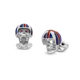 Sterling Silver Skull Cufflinks With Union Jack Helmet and Ruby Eyes