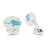 Sterling Silver Clear And Turquoise Enamel Seahorse Cufflinks