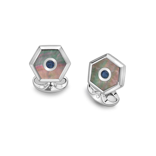 Sterling Silver Hexagonal Cufflinks with Grey Mother-of-Pearl and