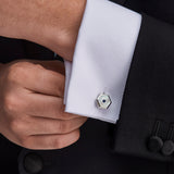 Sterling Silver Hexagonal Cufflinks with White Mother-of-Pearl and Sapphire