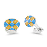 Sterling Silver Bright Yellow And Blue Enamel Chequer Pattern Cufflinks