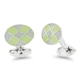 Sterling Silver Lime Green And Grey Enamel Chequer Pattern Cufflinks