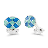 Sterling Silver Light Blue And Turquoise Enamel Chequer Pattern Cufflinks