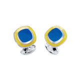 Sterling Silver Cushion Shape Blue Enamel Cufflinks With Yellow Enamel Border