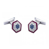 18ct White Gold Hexagonal Cufflinks with Ruby, Sapphire and Diamond