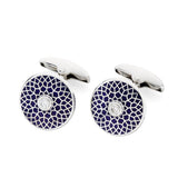 18ct White Gold Round Navy Blue Patterned Cufflinks with Diamond Centre