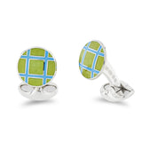 Sterling Silver Round Green And Blue Cross Hatch Enamel Cufflinks