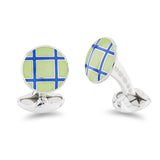 Sterling Silver Round Light Green And Royal Blue Cross Hatch Enamel Cufflinks