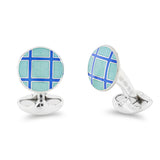 Sterling Silver Round Turquoise And Royal Blue Cross Hatch Enamel Cufflinks