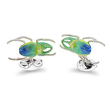 Sterling Silver Green, Blue And Yellow Horn Beetle Cufflinks