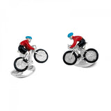 Sterling Silver Bike and Rider Cufflinks with Blue and Red Enamel Detailing