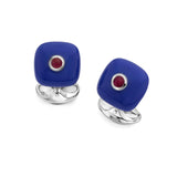 Sterling Silver Blue Enamel Bouton Cufflinks With Ruby Centre