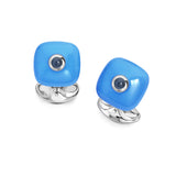 Sterling Silver Denim Blue Enamel Bouton Cufflinks With Sapphire Centre