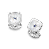 Sterling Silver Cushion Shape Cufflinks With Round Mother-of-Pearl And Sapphire Centre