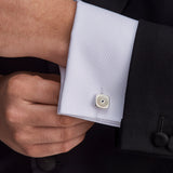 Sterling Silver Cushion Shape Cufflinks With Round Mother-of-Pearl And Sapphire Centre