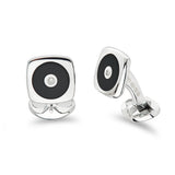 Sterling Silver Cushion Shape Cufflinks With Round Onyx And Diamond Centre