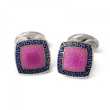 Sterling Silver Pink Enamel Cufflinks with Blue Patterened Border