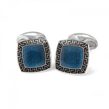 Sterling Silver Blue Enamel Cufflinks with Black Patterned Border