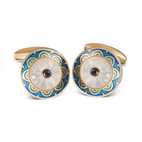 18ct Yellow Gold Round Cufflinks with Blue Border & Crystal and Sapphire Centre