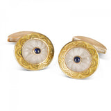 18ct Yellow Gold Round Cufflinks with Gold Enamel Border & Crystal and Sapphire Centre