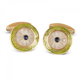 18ct Yellow Gold Round Cufflinks with Lime Green Border & Crystal and Sapphire Centre