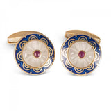 18ct Yellow Gold Round Cufflinks with Fancy Blue Border & Crystal and Ruby Centre