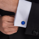 Sterling Silver Round Blue Enamel Cufflinks With Detailed Border