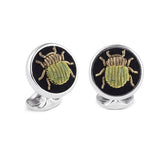 Sterling Silver Embroidered Green And Gold Bug Cufflinks