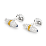 Sterling Silver Fancy Bar Cufflinks With Yellow Enamel Centre And Sapphire Ends.