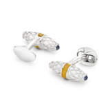 Sterling Silver Fancy Bar Cufflinks With Yellow Enamel Centre And Sapphire Ends.