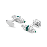 Sterling Silver Fancy Bar Cufflinks With Green Enamel Centre and Emerald Ends