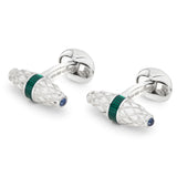 Sterling Silver Fancy Bar Cufflinks With Green Enamel Centre And Sapphire Ends
