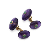 18ct Yellow Gold Chain Link Polished Bouton Amethyst Cufflinks With Cabochon Emerald Centre