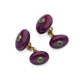 18ct Yellow Gold Chain Link Polished Bouton Ruby Cufflinks With Cabochon Emerald Centre