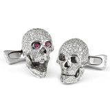 18ct White Gold Pavé Diamond Skull Cufflinks with Ruby Eyes