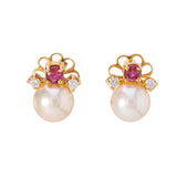 18ct Yellow Gold Cultured Pearl, Ruby And Diamond Earrings