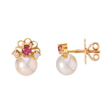 18ct Yellow Gold Cultured Pearl, Ruby And Diamond Earrings