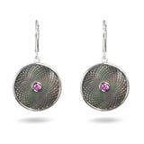 Grey Mother of Pearl Dreamcatcher Earrings with Pink Sapphire Gem