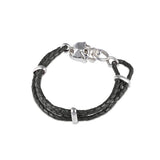 Black Leather Adjustable Bracelet With Skull Clasp In Silver Finish