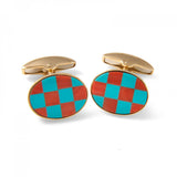 18ct Yellow Gold Precious Gemstone Checkerboard Cufflinks in Coral & Turquoise